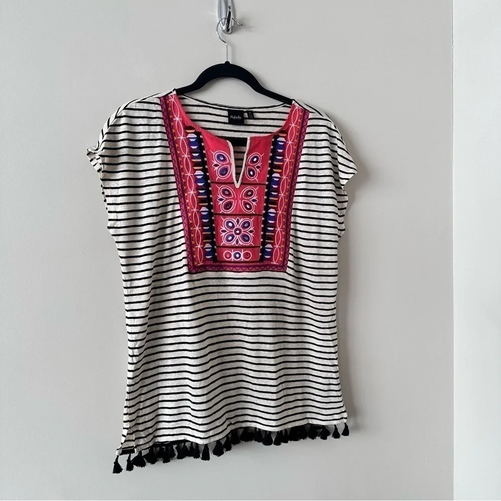 Rafaella-linen Blend Tassel Embroidered Summer Top - Picture 6 of 8